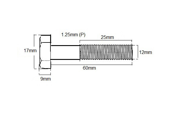 Metric Shanked Bolt M12 X 60mm X 1.25P